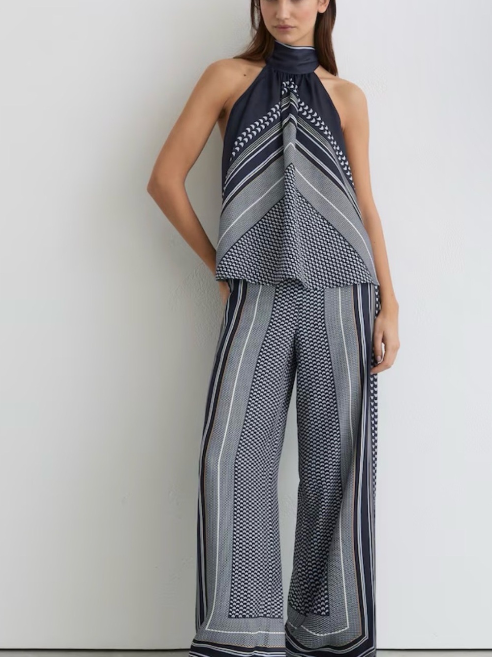 Reiss Anna Petite Scarf-Print Wide-Leg Trousers in Navy White 0p Petite $310